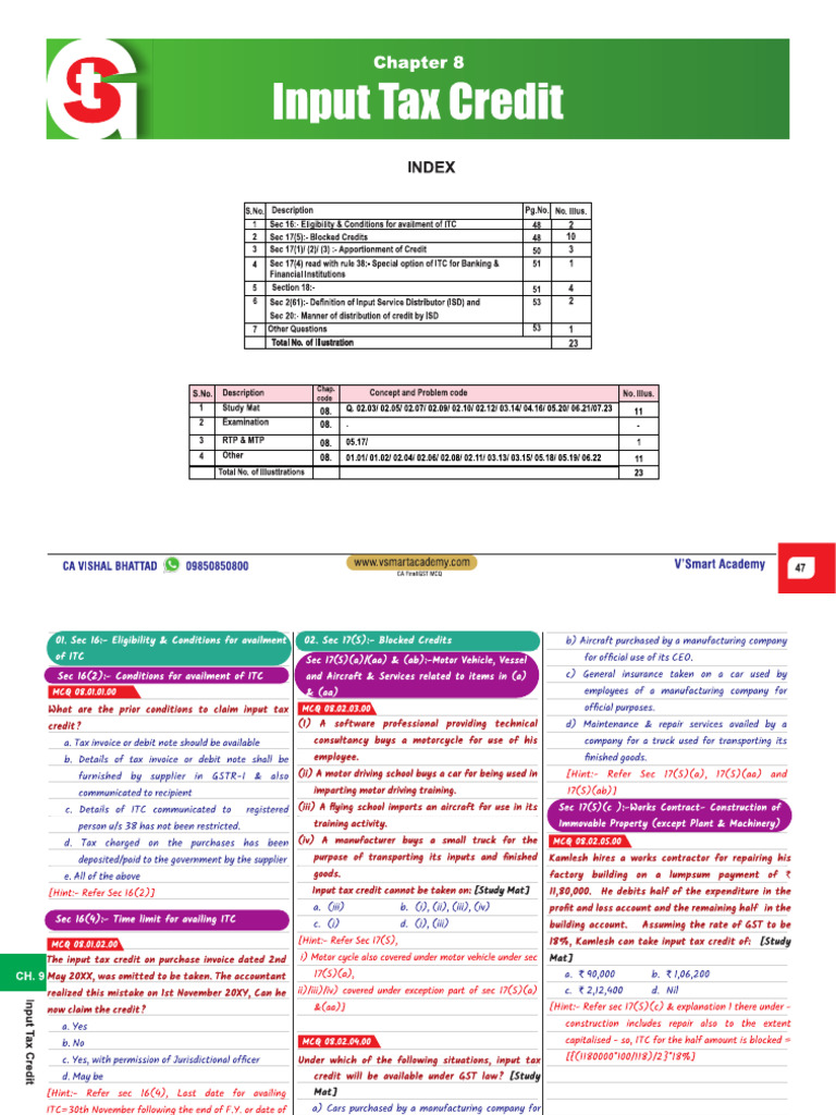 Chapter 8 Input Tax Credit MCQ | PDF