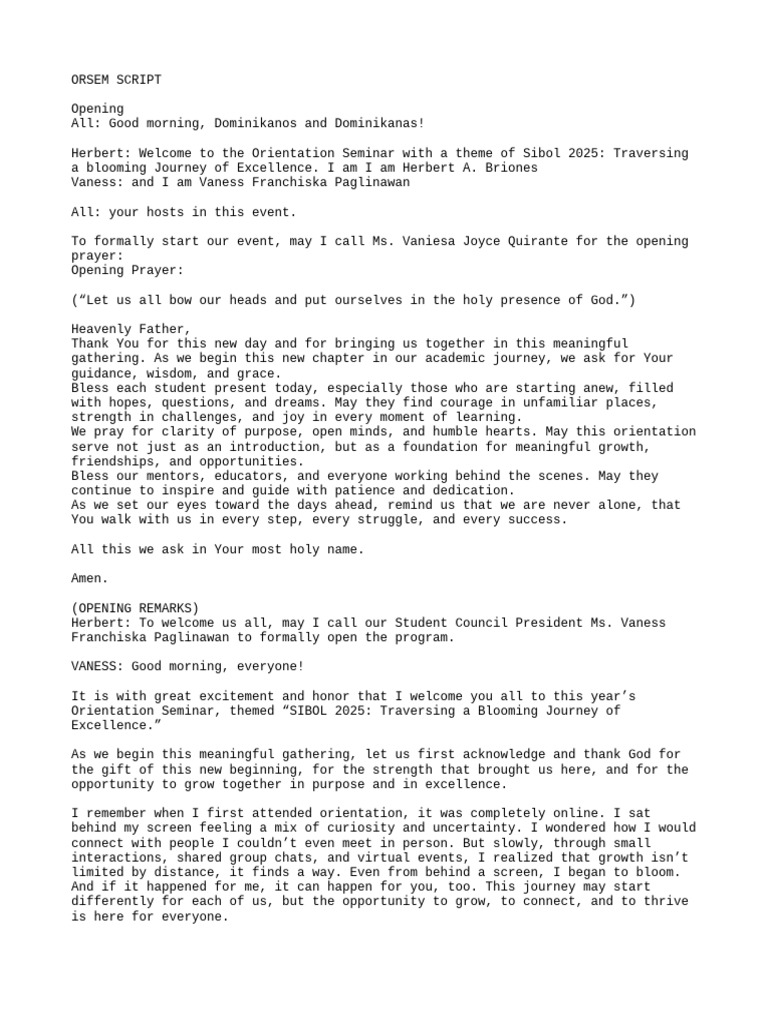 ORSEM Script for Student Orientation | PDF | Prayer