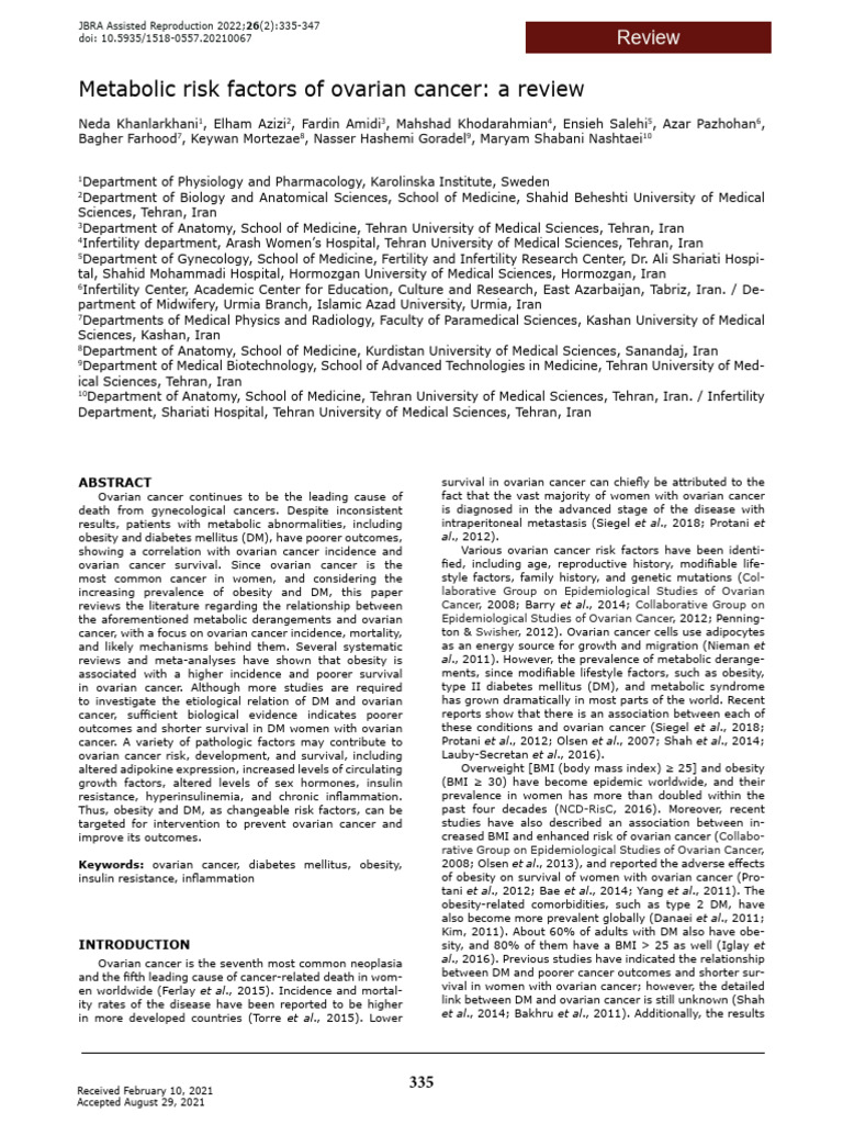 Metabolic Risk Factors of Ovarian Cancer A Review | PDF | Ovarian ...