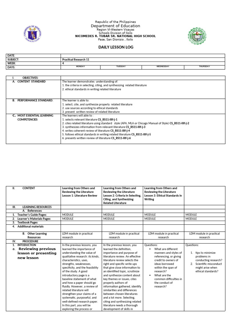 Practical Research 11 Lesson Log | PDF | Apa Style | Thesis