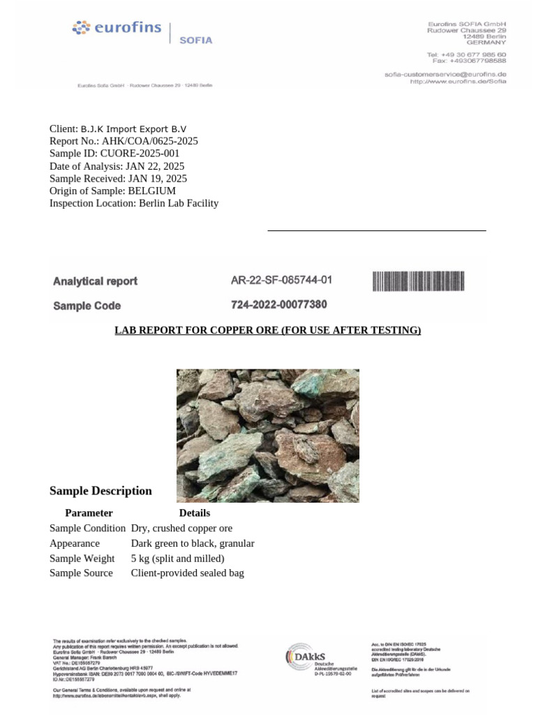 Copper Ore Analysis Report for B.J.K. | PDF