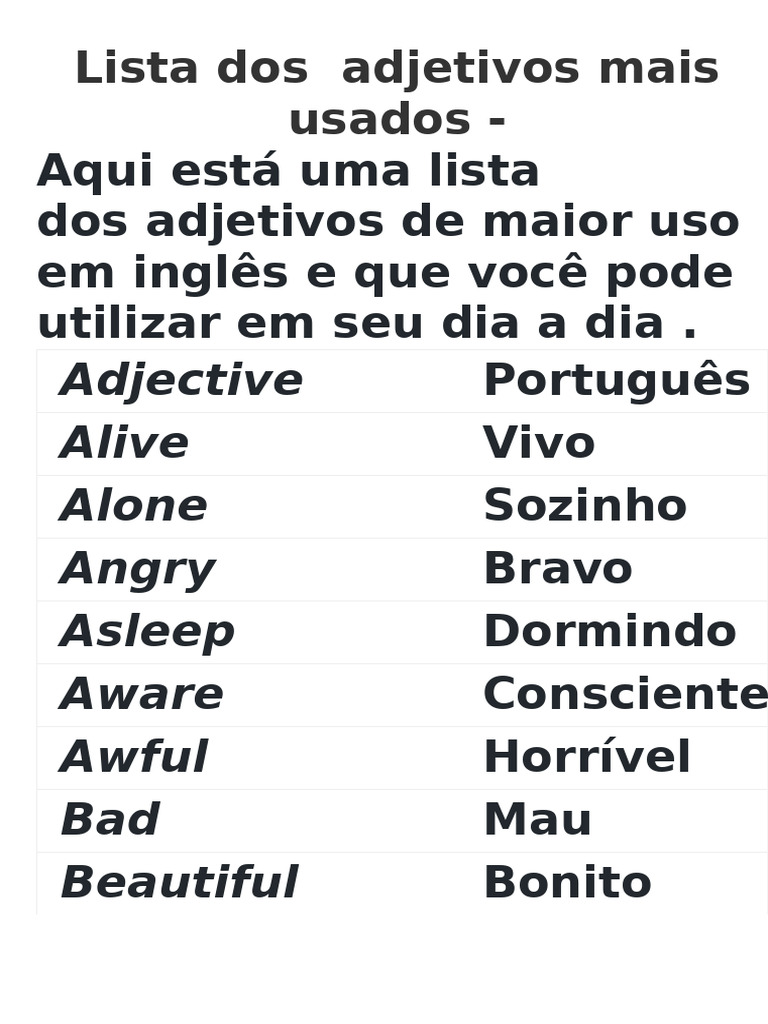 Adjetivos Comuns em Inglês com Tradução | PDF