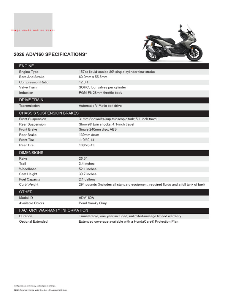 2026 Honda ADV160 Specifications Overview | PDF