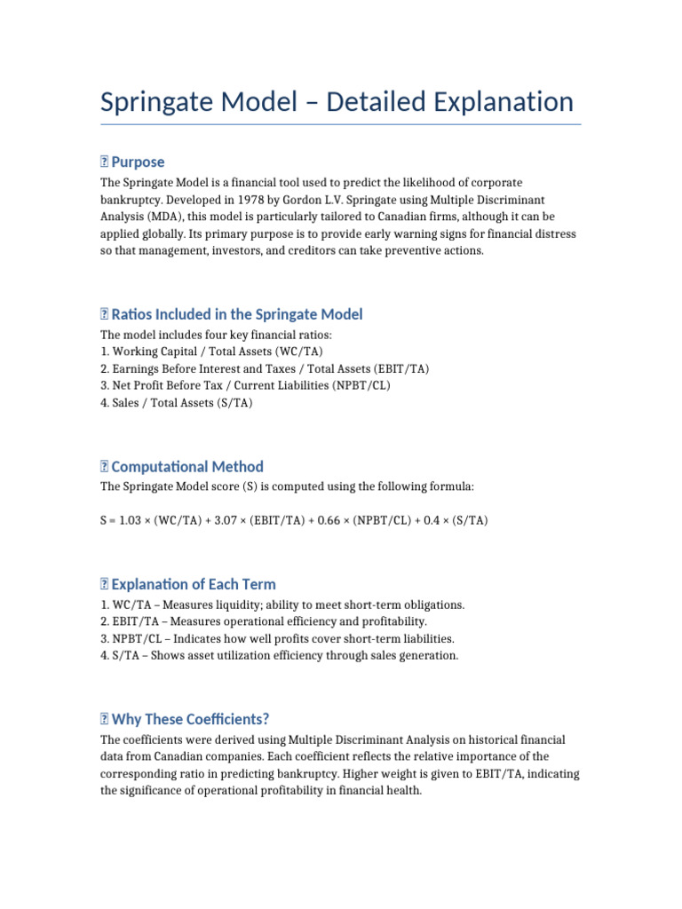 Springate Model for Financial Distress | PDF | Bankruptcy | Financial Ratio