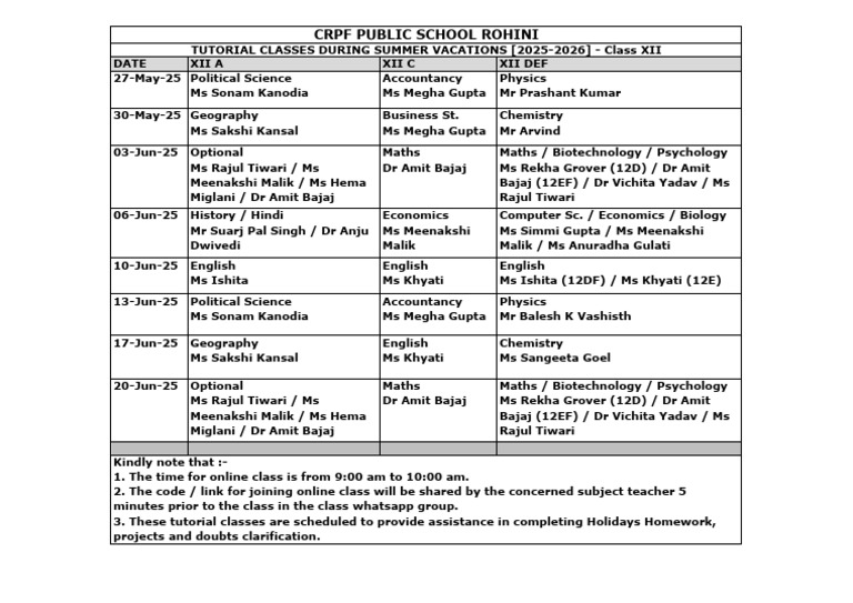 Summer 2025 Class XII Tutorial Schedule | PDF