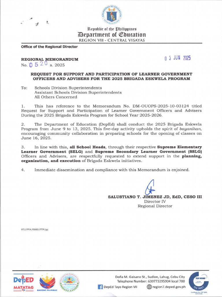 2025 Brigada Eskwela Program Memo | PDF