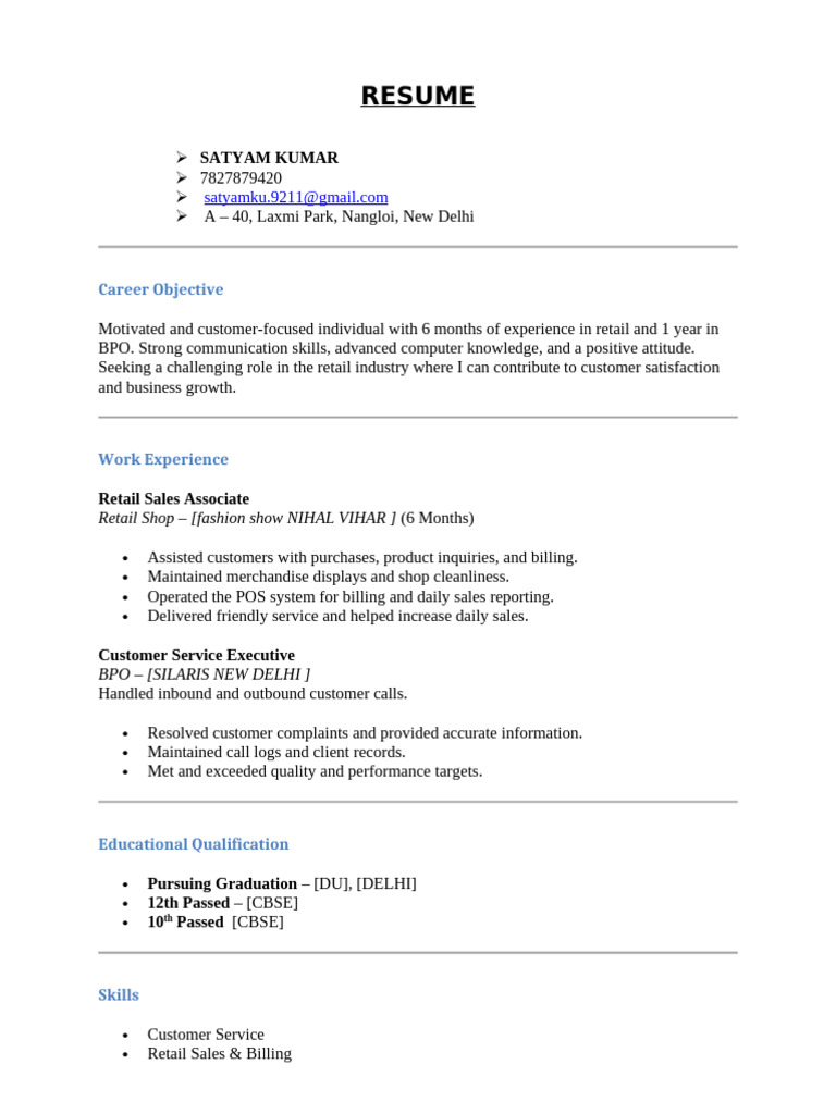 Retail and BPO Resume of Satyam Kumar | PDF