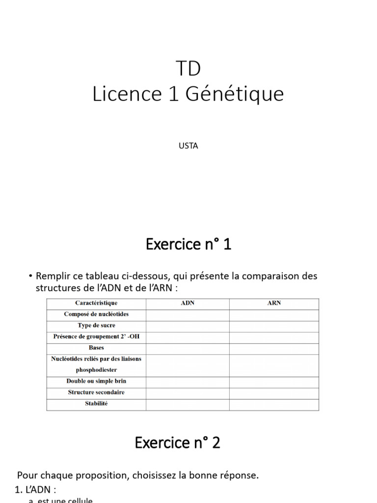 Comparaison ADN et ARN Exercices de génétique PDF Nucléotides ADN — free download