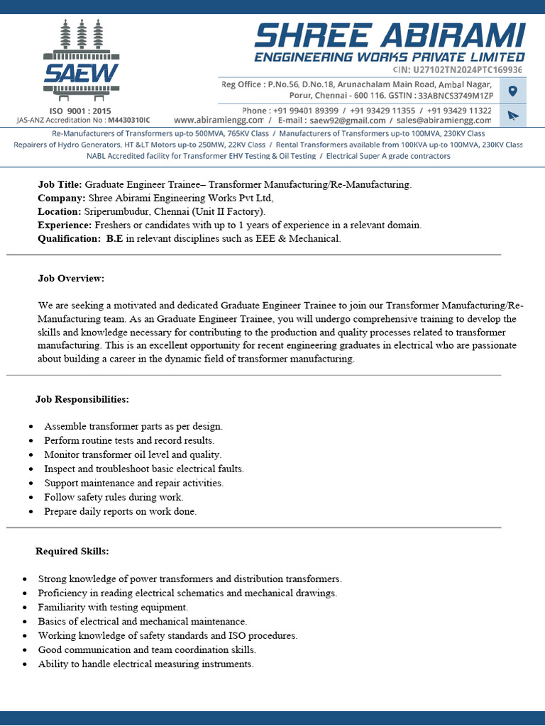 Graduate Engineer Trainee at Shree Abirami | PDF