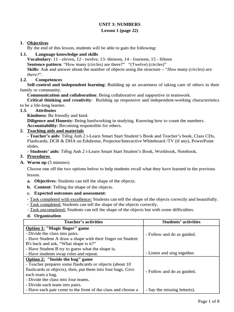 Numbers Lesson Plan for Kids | PDF | Memory | Learning