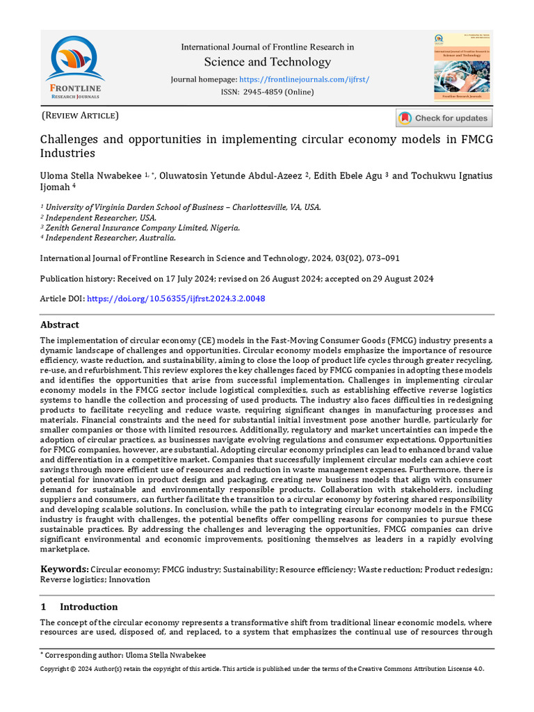 Challenges and Opportunities in Implementing Circular Economy Models in ...