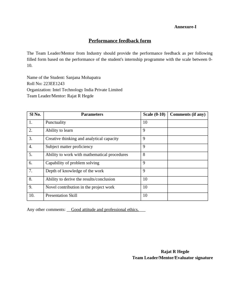Internship Performance Feedback Form | PDF
