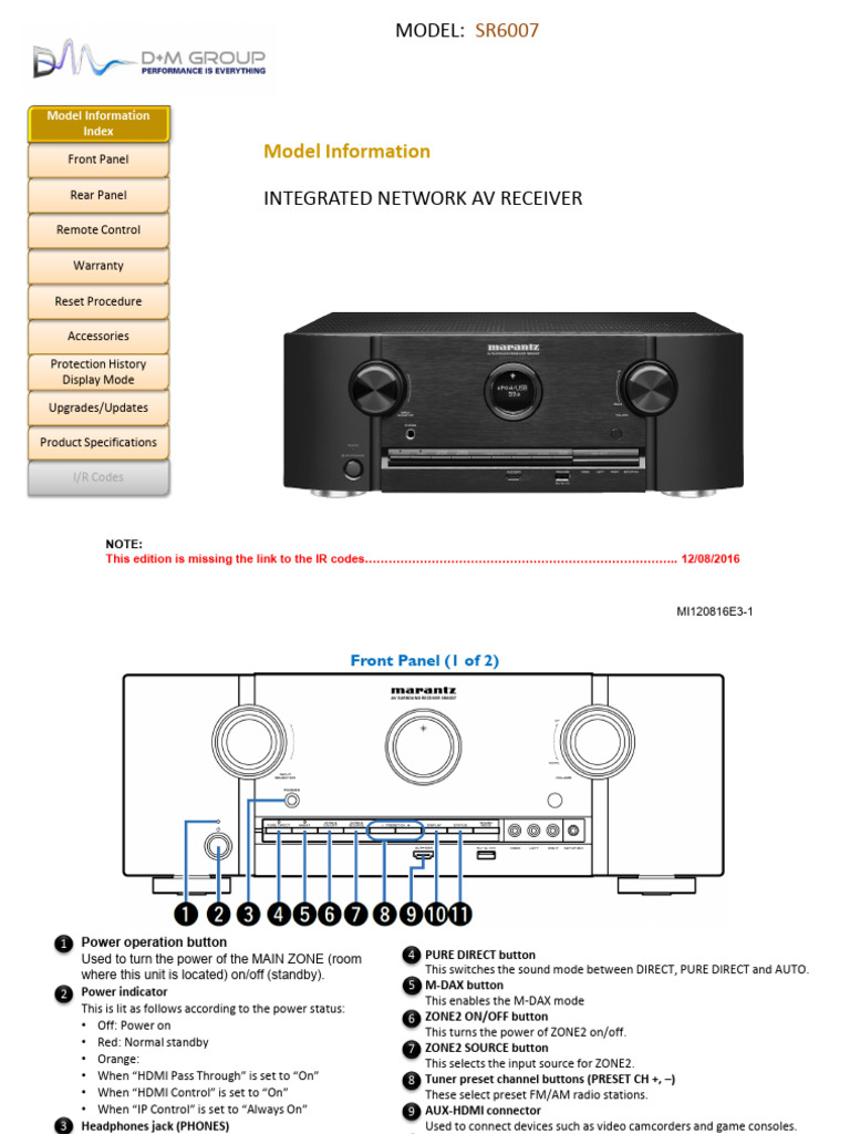 Marantz SR6007 Receiver Overview | PDF | Decibel | Electronics