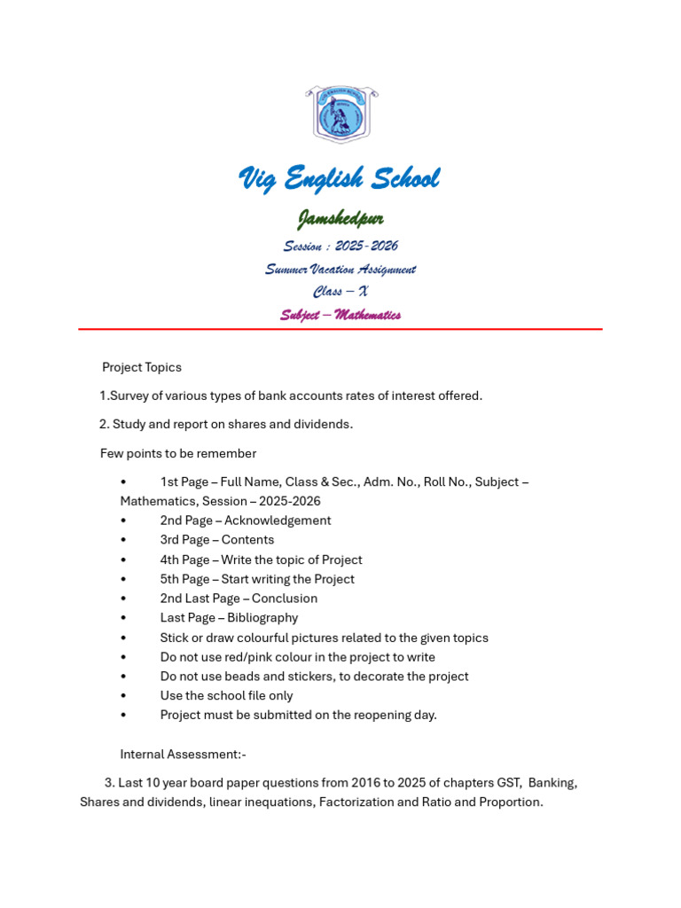 Std 10 Maths Assignment 2025 Guidelines | PDF
