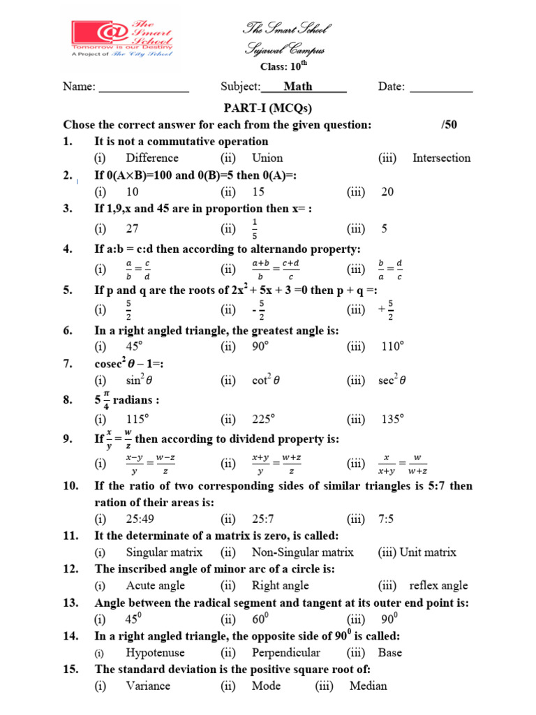 10th Grade Math MCQs and Short Answers | PDF | Triangle | Euclid