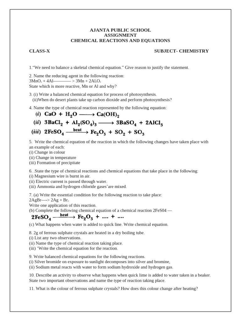 Chemistry - Chemical Reactions, Assignment | PDF | Chemical Reactions ...