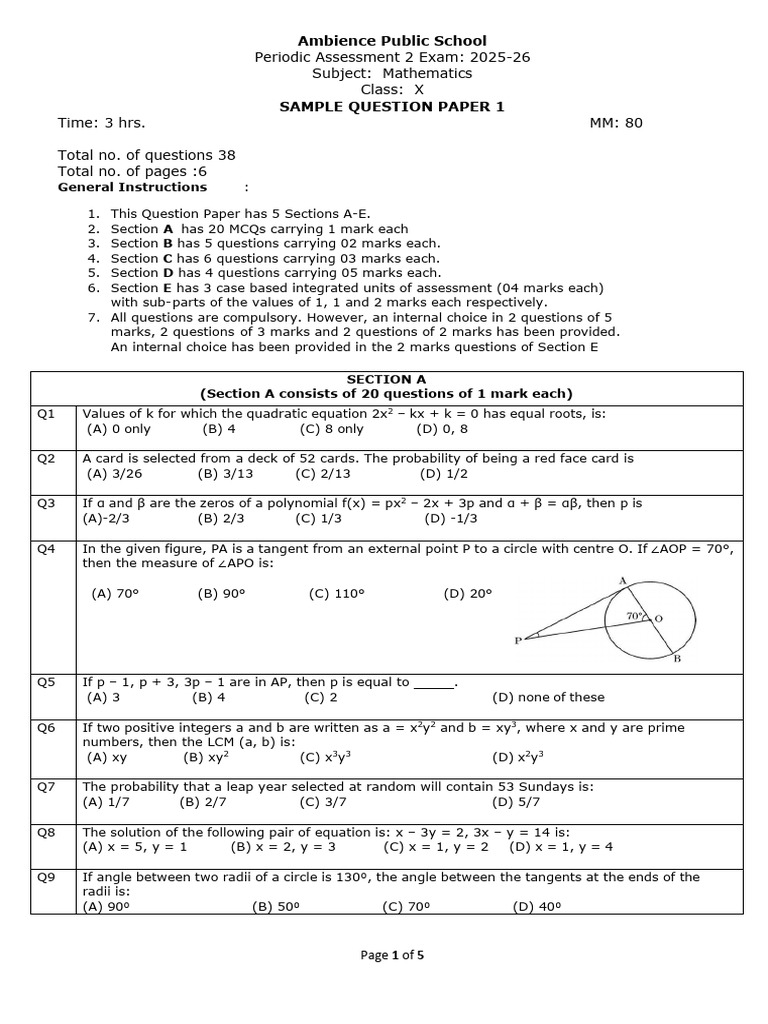 Class X Maths Sample Question Paper | PDF | Circle | Numbers