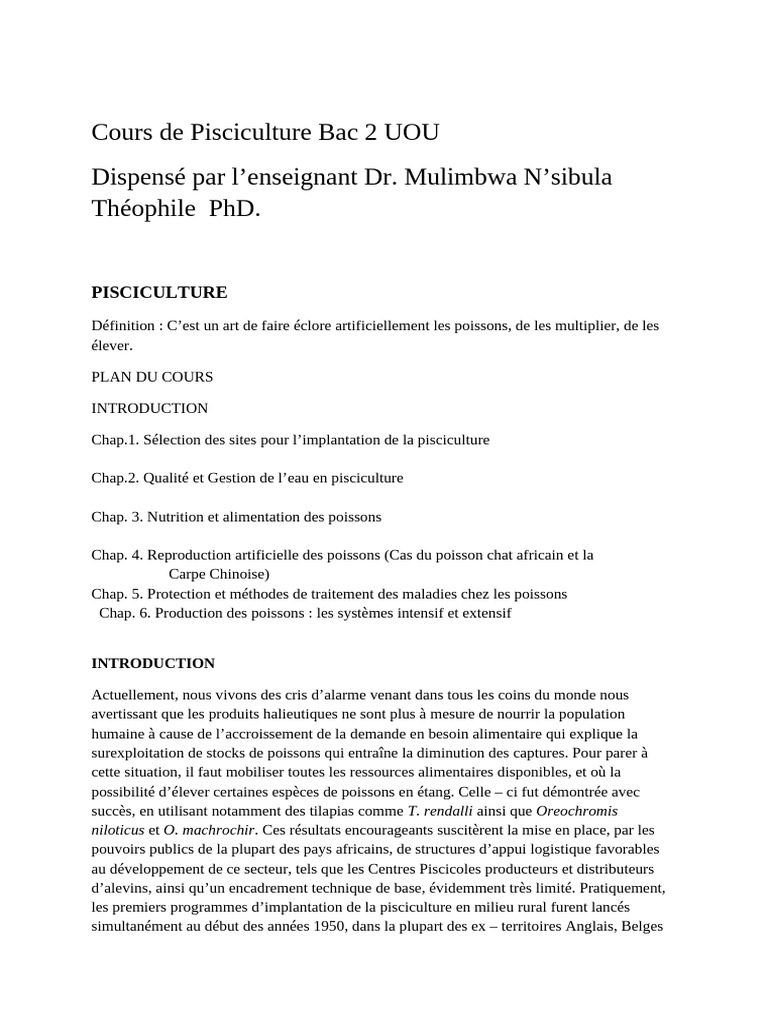 Cours de Pisciculture Bac 2 UOU | PDF | Ph | Chaux