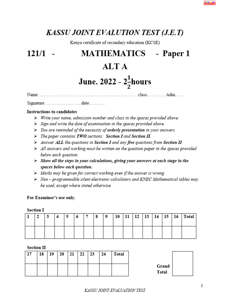 Kassu Jet Mathematics Paper 1 Questions 2 Teacher Co Ke | PDF ...
