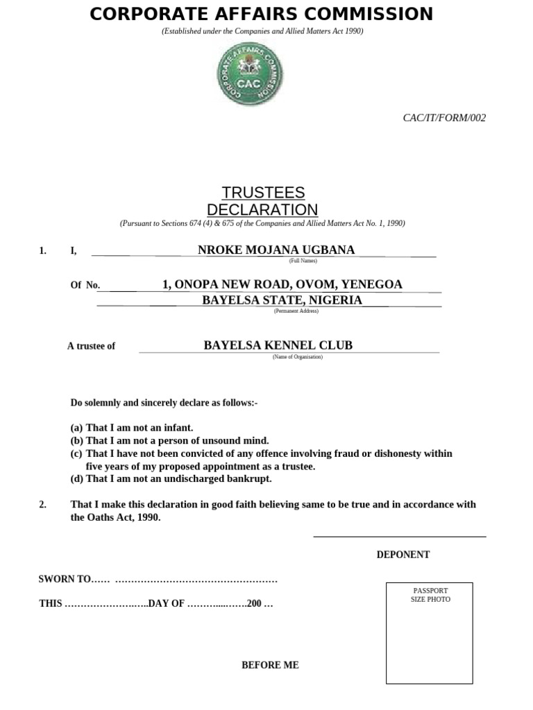 CAC Trustee Declaration Form | PDF | Notary Public | Chess