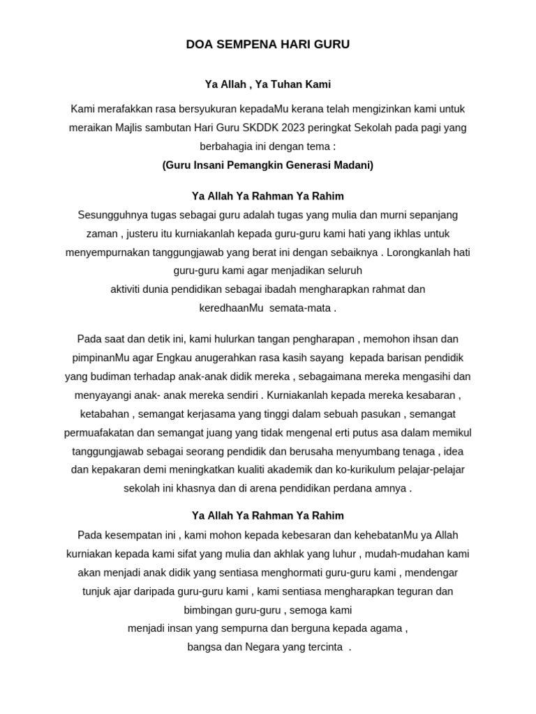Doa Sempena Hari Guru 2023 | PDF