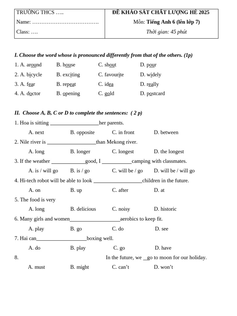 English Test for Grade 6 Students | PDF | Linguistic Morphology | Syntax