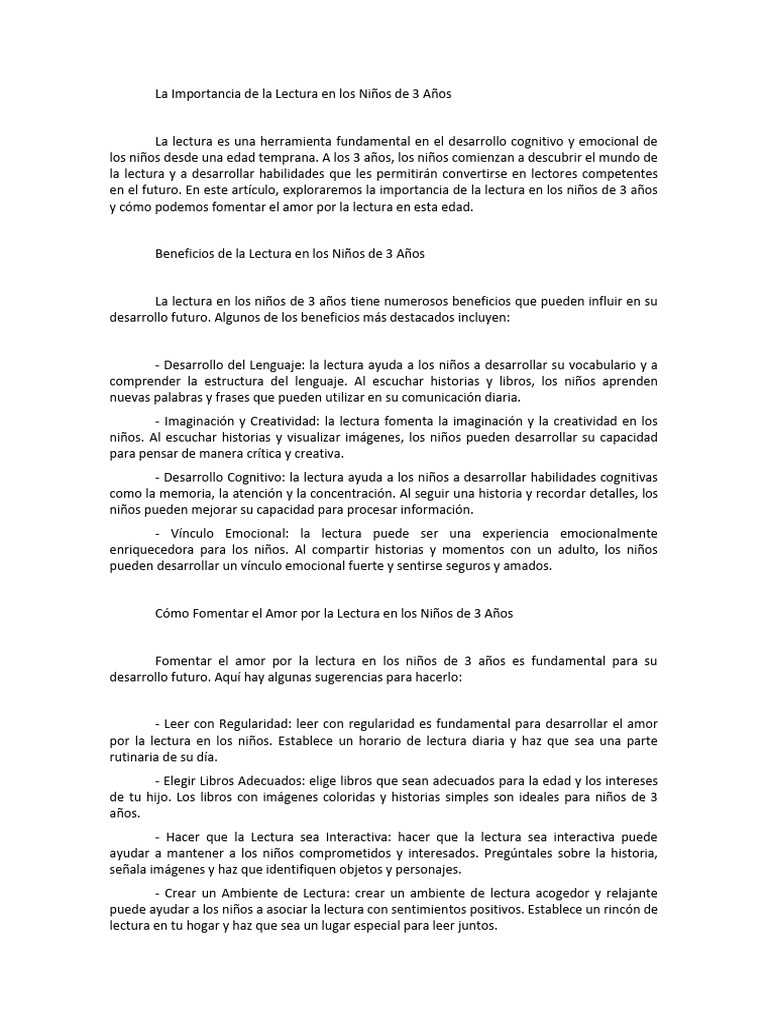 Importancia de la Lectura en Niños 3 Años | PDF | Imaginación ...