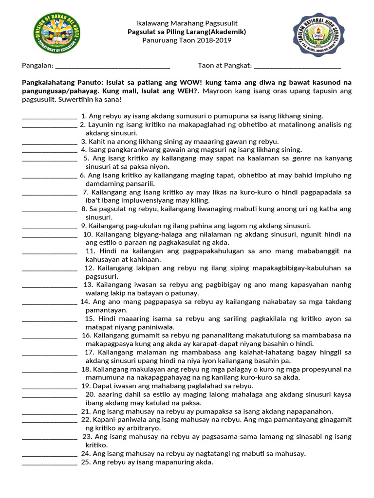 Ikalawang Marahang Pagsusulit Grade 12 GAS | PDF