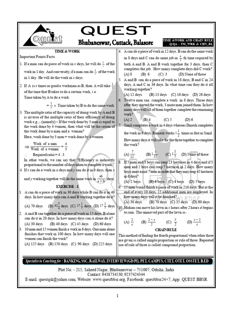 Time and Work Coaching Exercises | PDF
