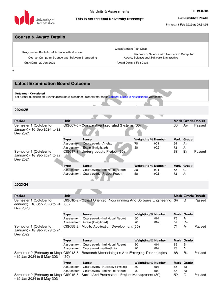 Course & Award Details: This Is Not The Final University Transcript | PDF