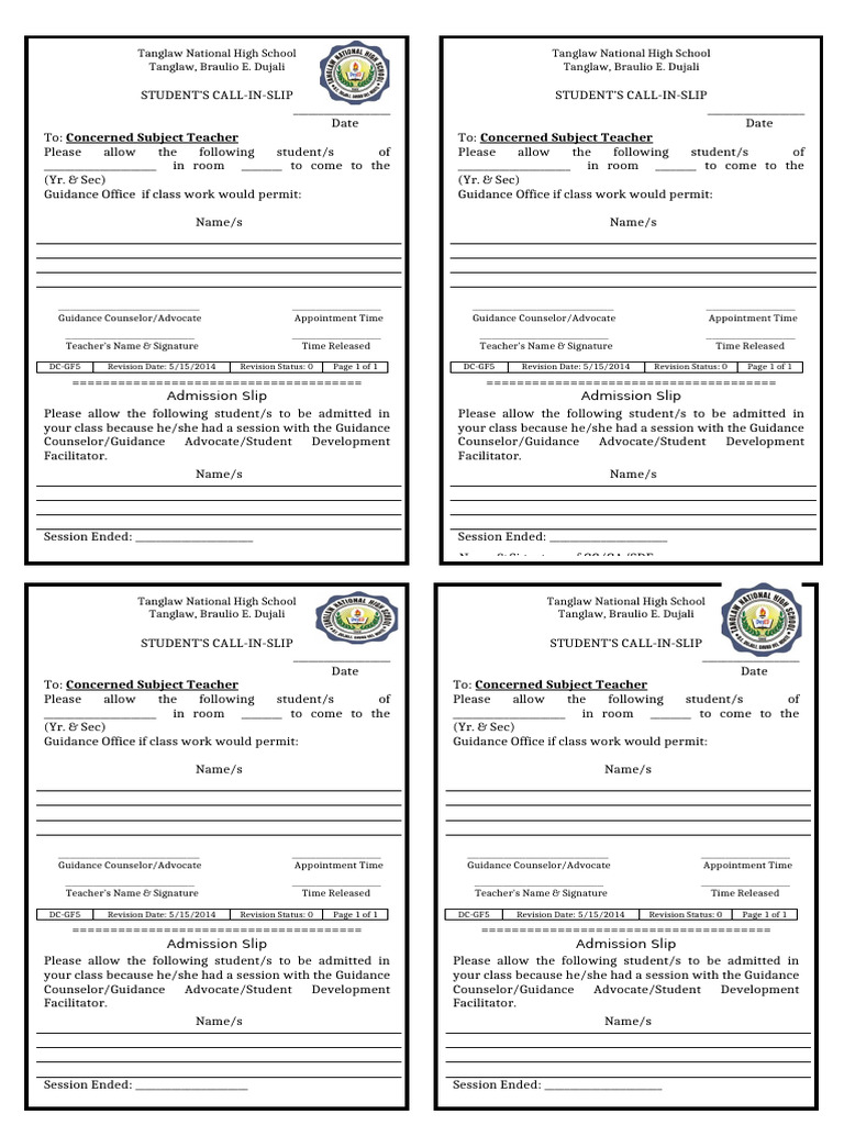 GF5 - Student's Call-In-Slip - Final | PDF | Educational Personnel ...