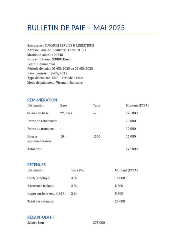 Bulletin de Paie Mai 2025 - Togo | PDF