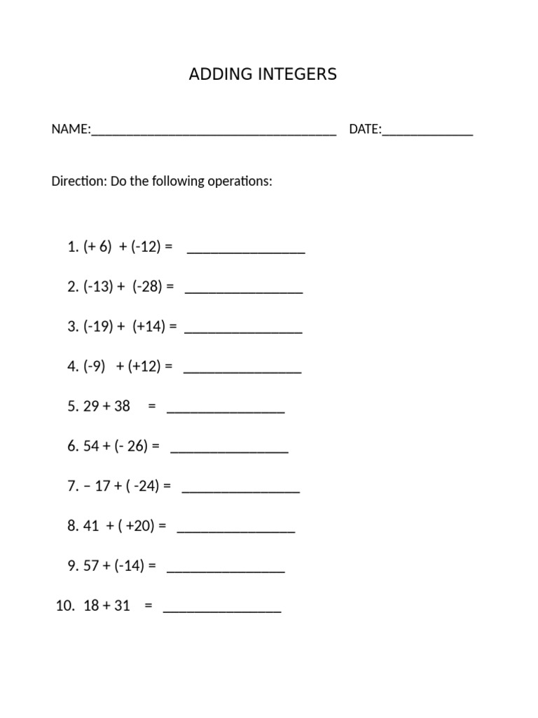 Integer Addition Practice Worksheet | PDF