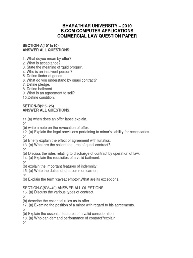 B.Com Commercial Law Question Paper 2010 | PDF | Civil Law (Legal ...