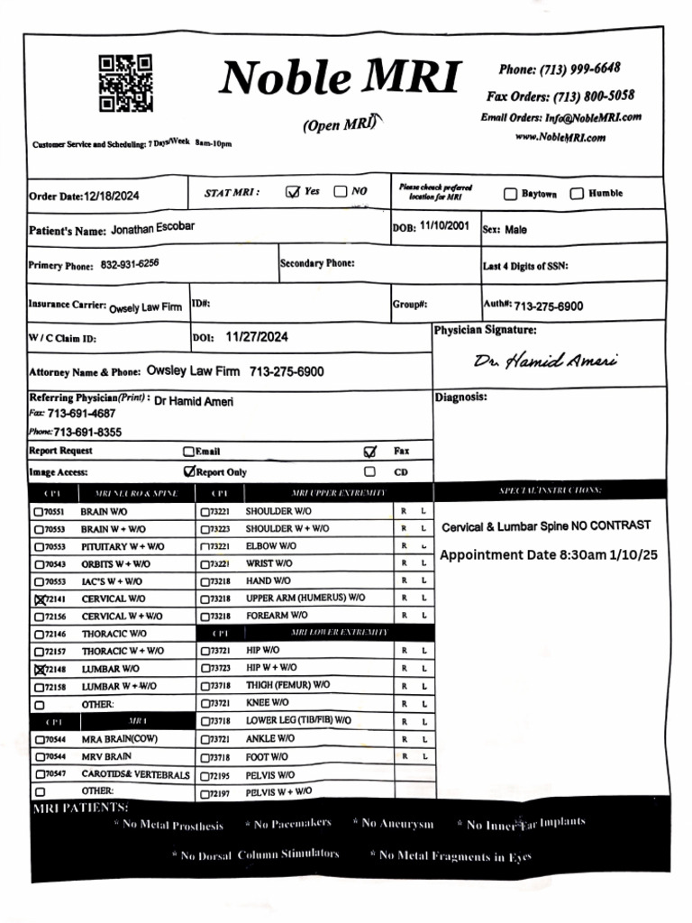 MRI Order For Jonathan Es | PDF