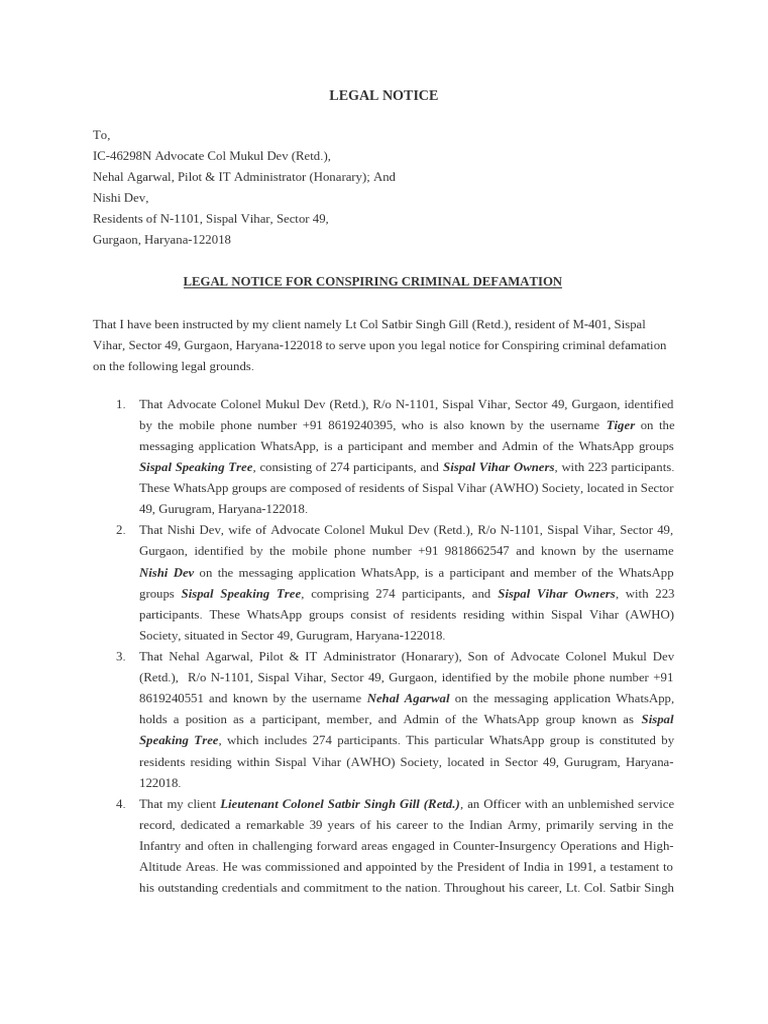 Legal Notice: Defamation Claim Against Mukul Dev | PDF | Damages | Justice