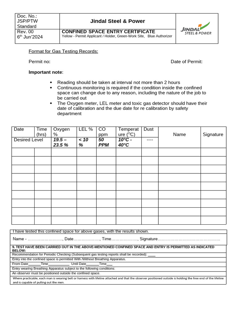 Confined Space Entry Certificate Template | PDF | Gases