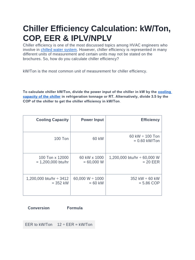 Chiller Efficiency: kW/Ton & COP Calculations | PDF | Air Conditioning ...