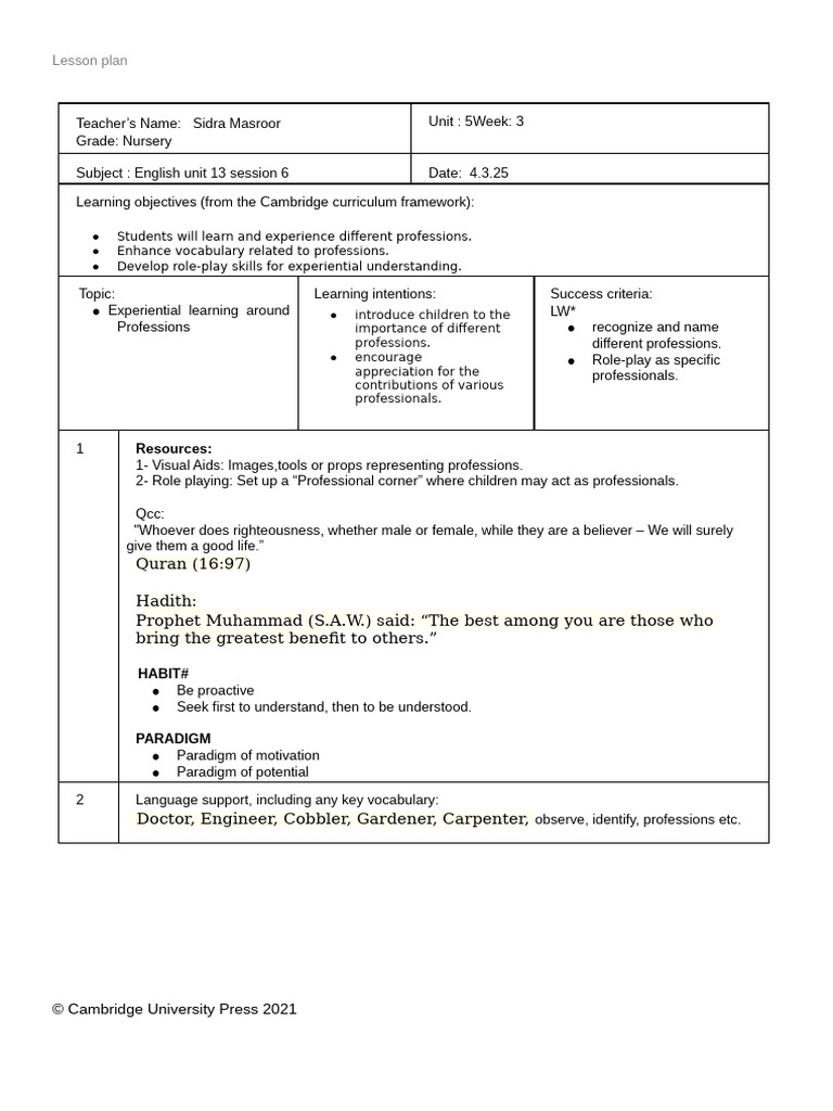 Nursery Lesson Plan: Professions Role-Play | PDF | Learning | Pedagogy