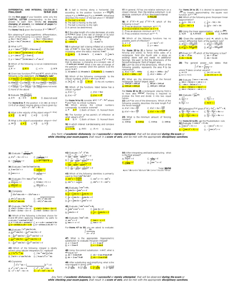 MATH 2074 Final Exam Answer Key | PDF