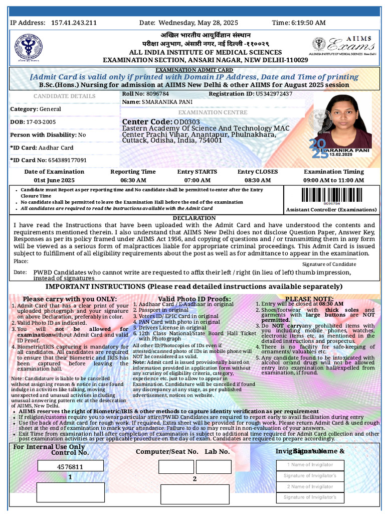 AIIMS B.Sc. Nursing 2025 Admit Card Details | PDF | Identity Document ...