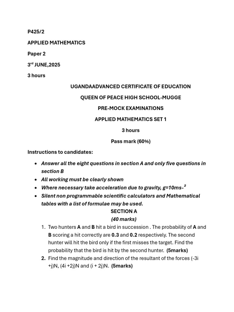 Uganda A-Level Applied Mathematics Exam | PDF | Force | Acceleration