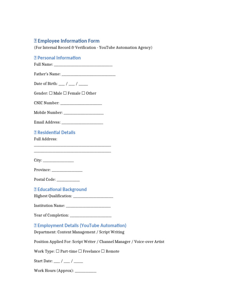 YouTube Automation Employee Form | PDF