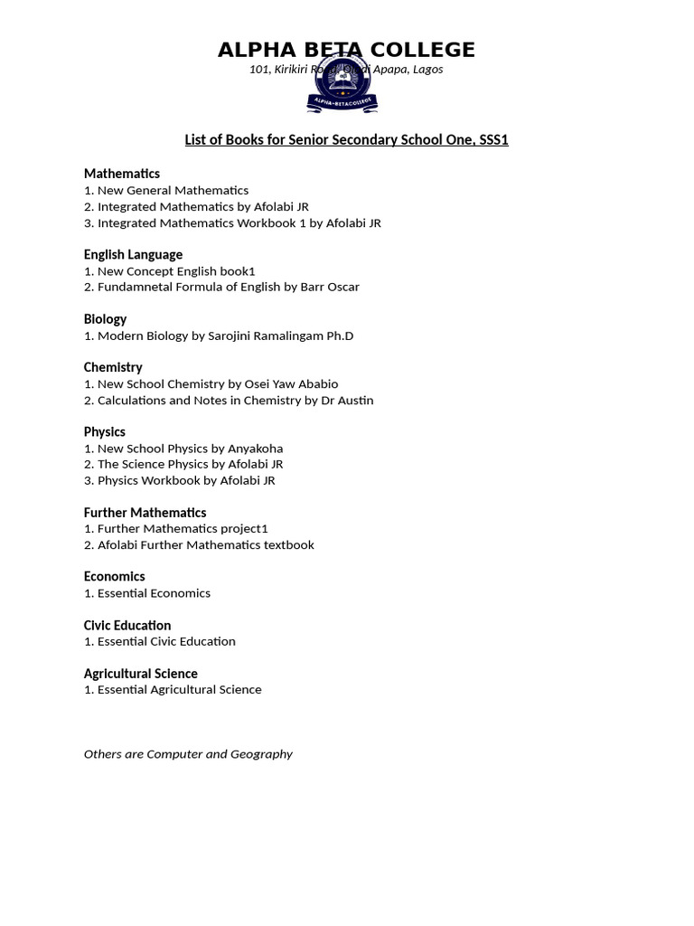 SSS1 Mathematics Textbook List | PDF