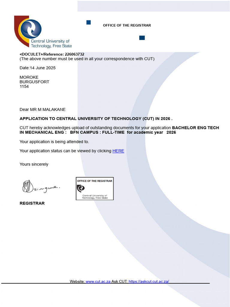 CUT Application Acknowledgment 2026 | PDF