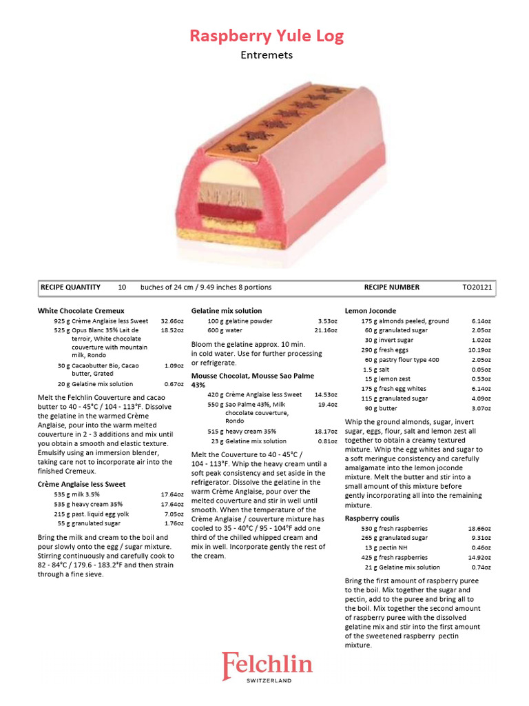 Raspberry Yule Log Entremets Recipe | PDF | Custard | Chocolate