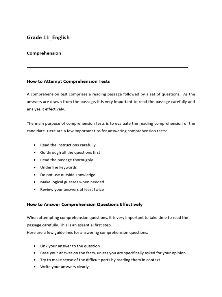 Comprehension Guidelines Grade 11 | PDF | Reading Comprehension ...