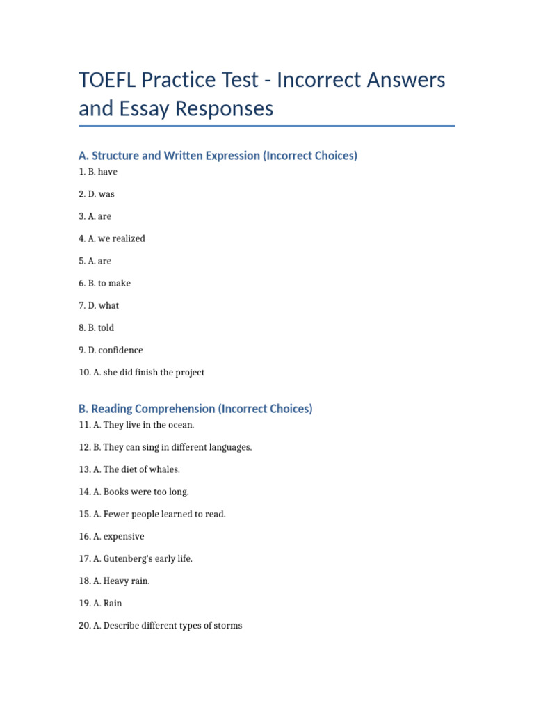 TOEFL Practice Test: Answers & Essays | PDF | Learning | Teachers