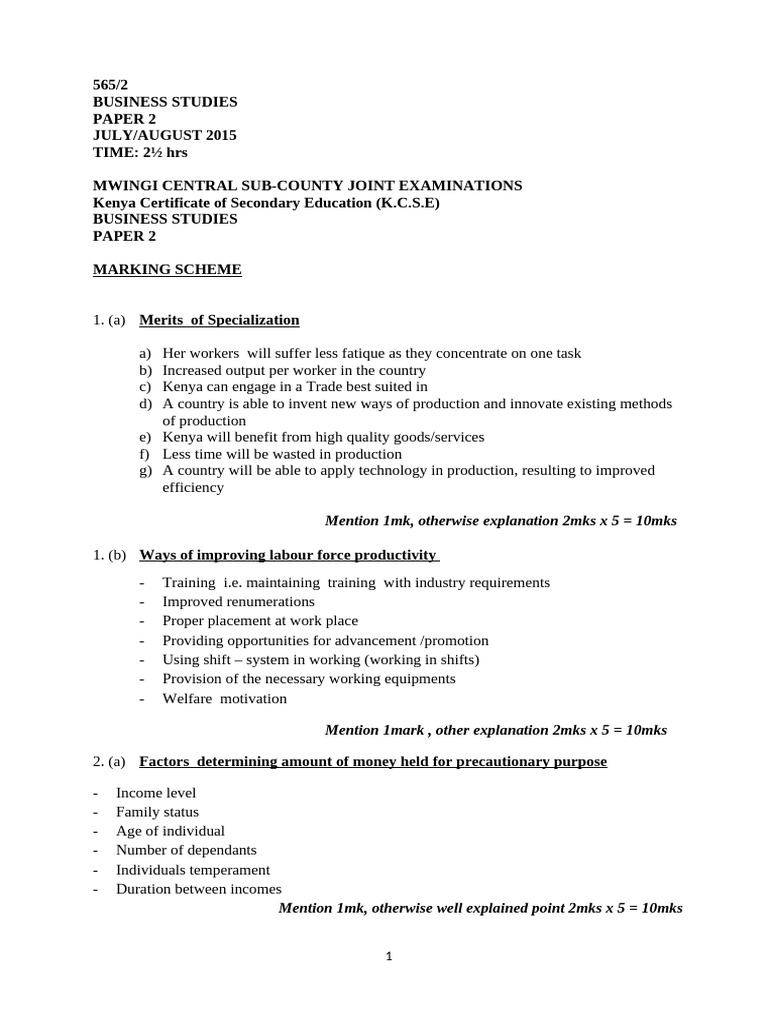 KCSE 2015 Business Studies Marking Scheme | PDF | Cheque | Unemployment