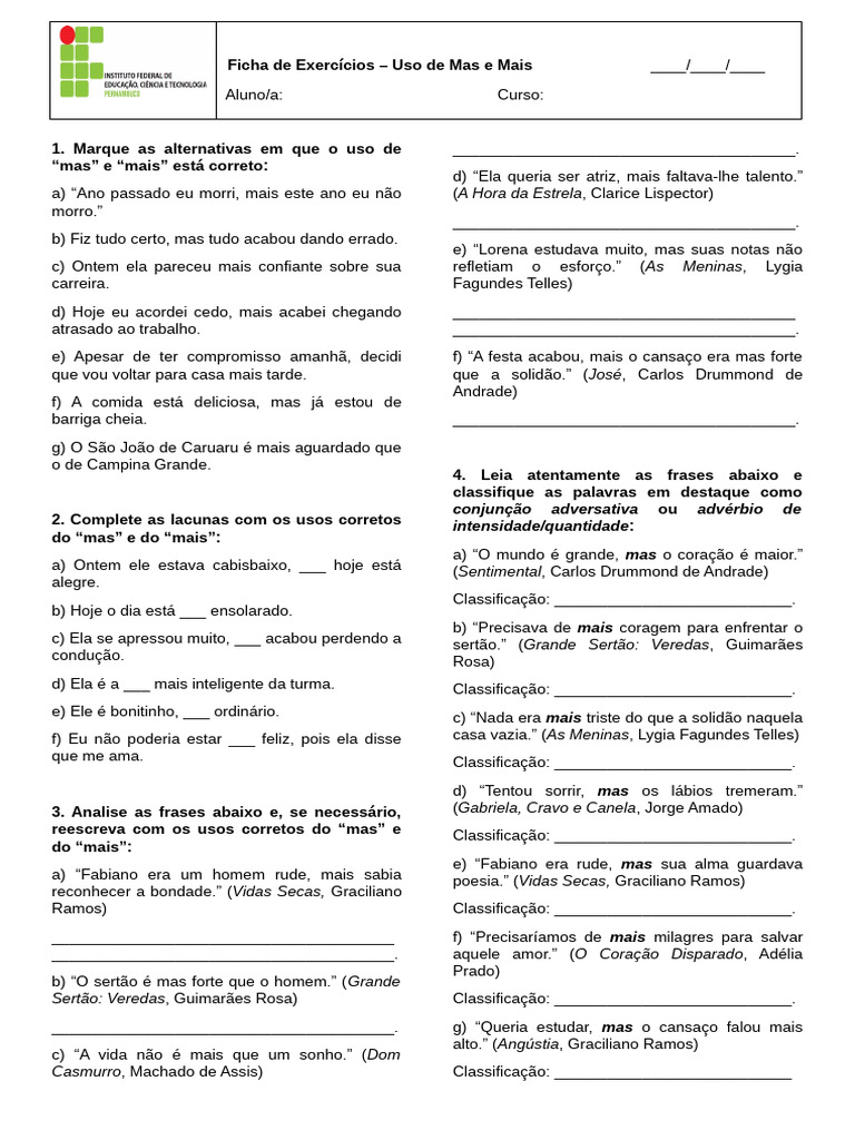 Uso Correto de Mas e Mais: Exercícios Práticos | PDF